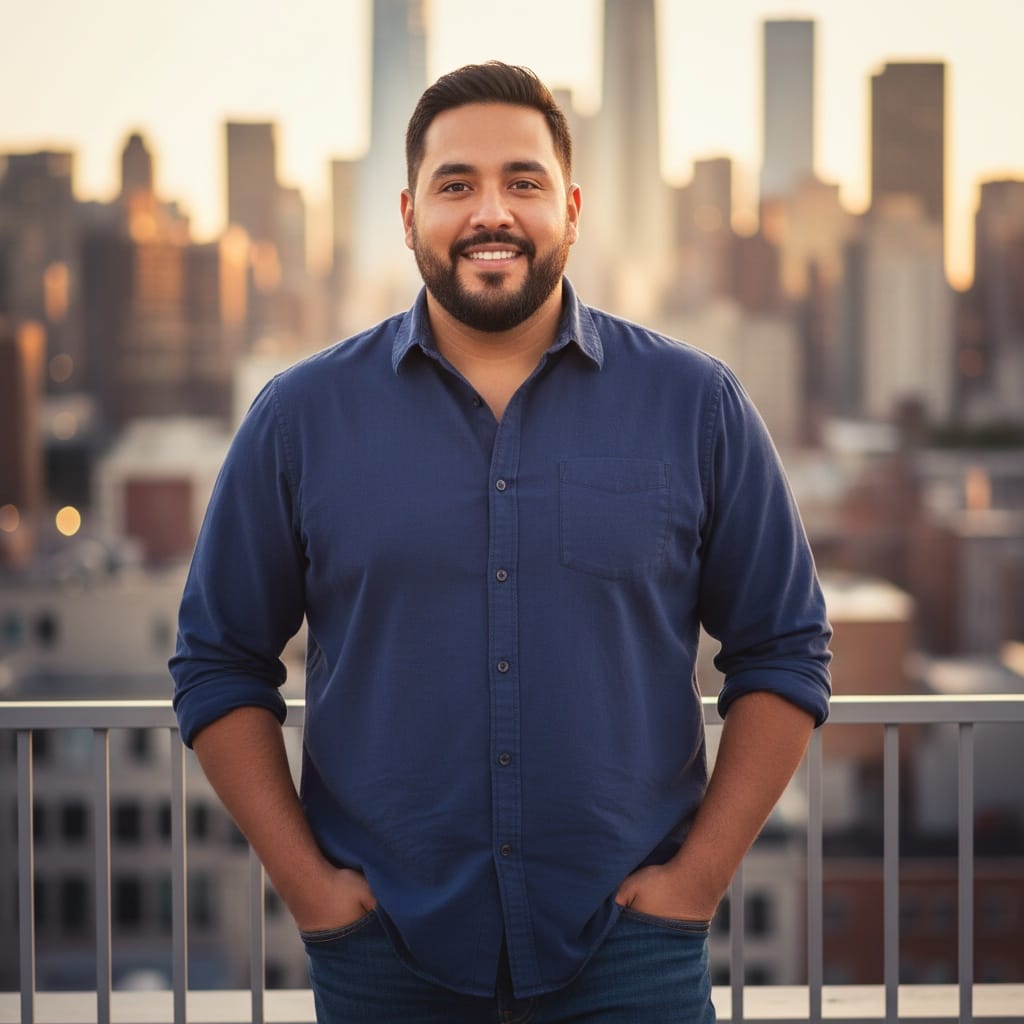 plus_size latino man rooftop city view 51227715