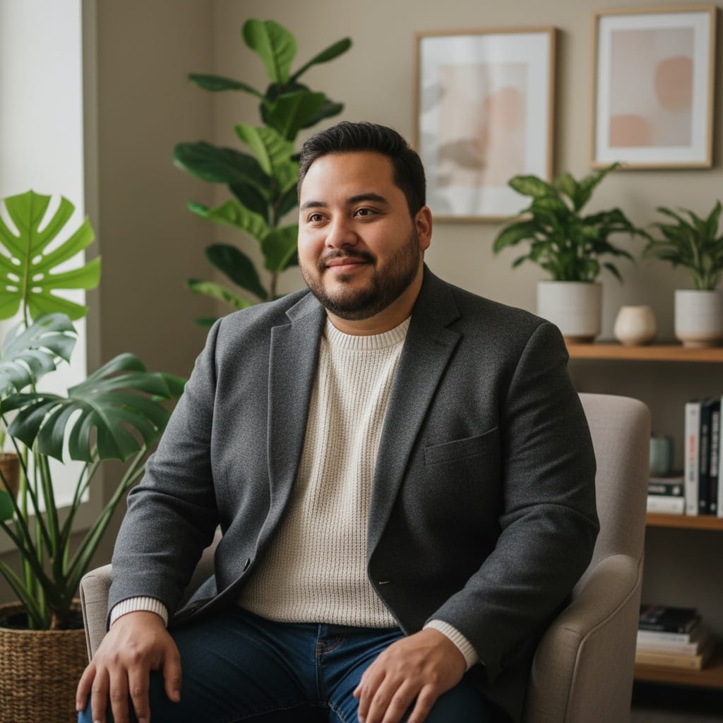 plus_size latino man seated consulting room 60884143