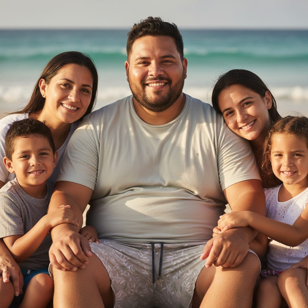 plus_size latino man sitting beach close up 52155146