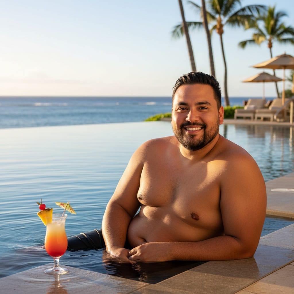 plus_size latino man tropical resort pool 92999015