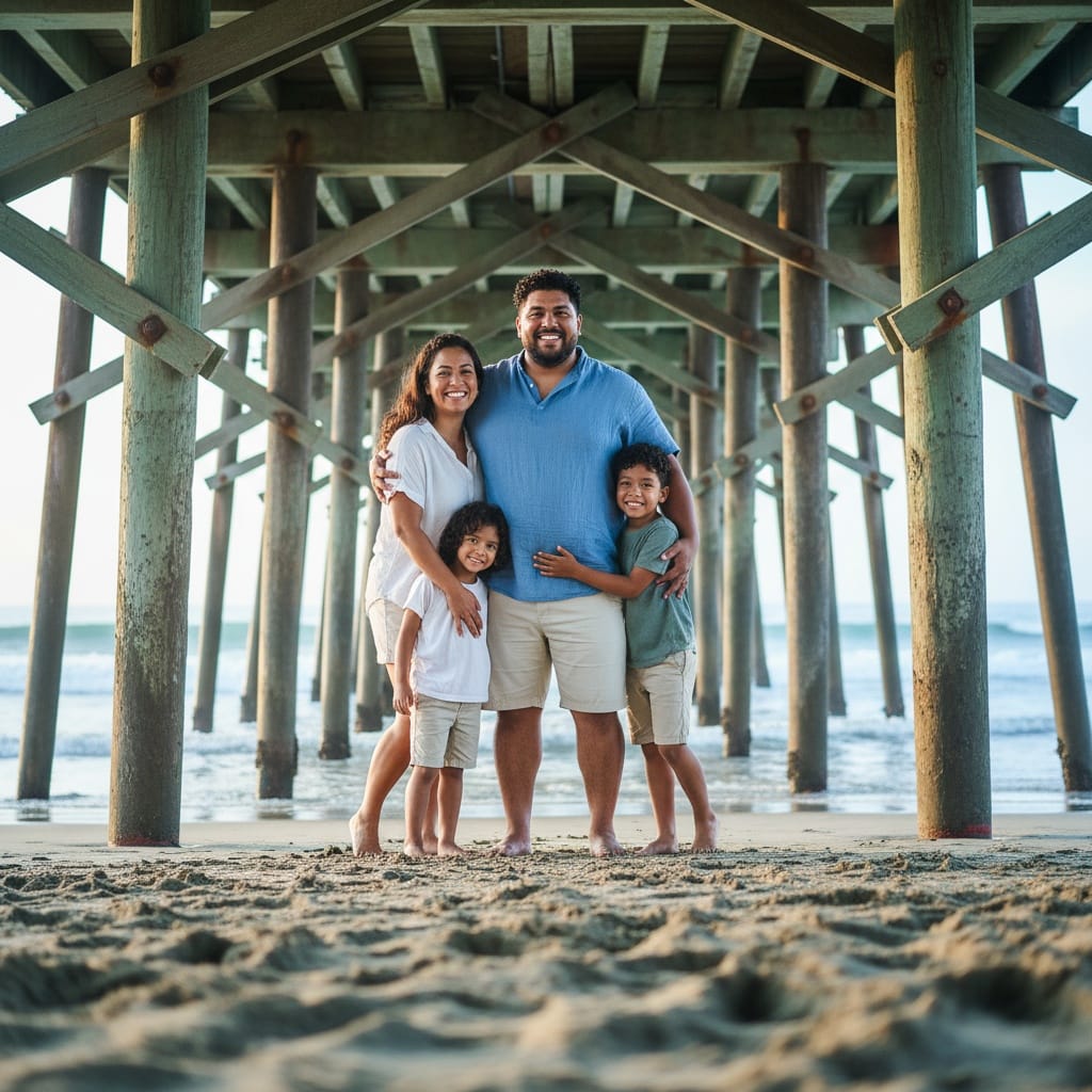 plus_size latino man under pier unique angle 66024678