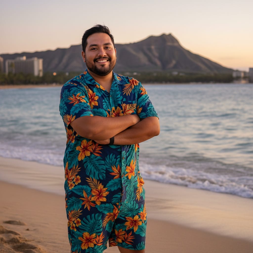 plus_size latino man waikiki beach sunset portrait 84374868