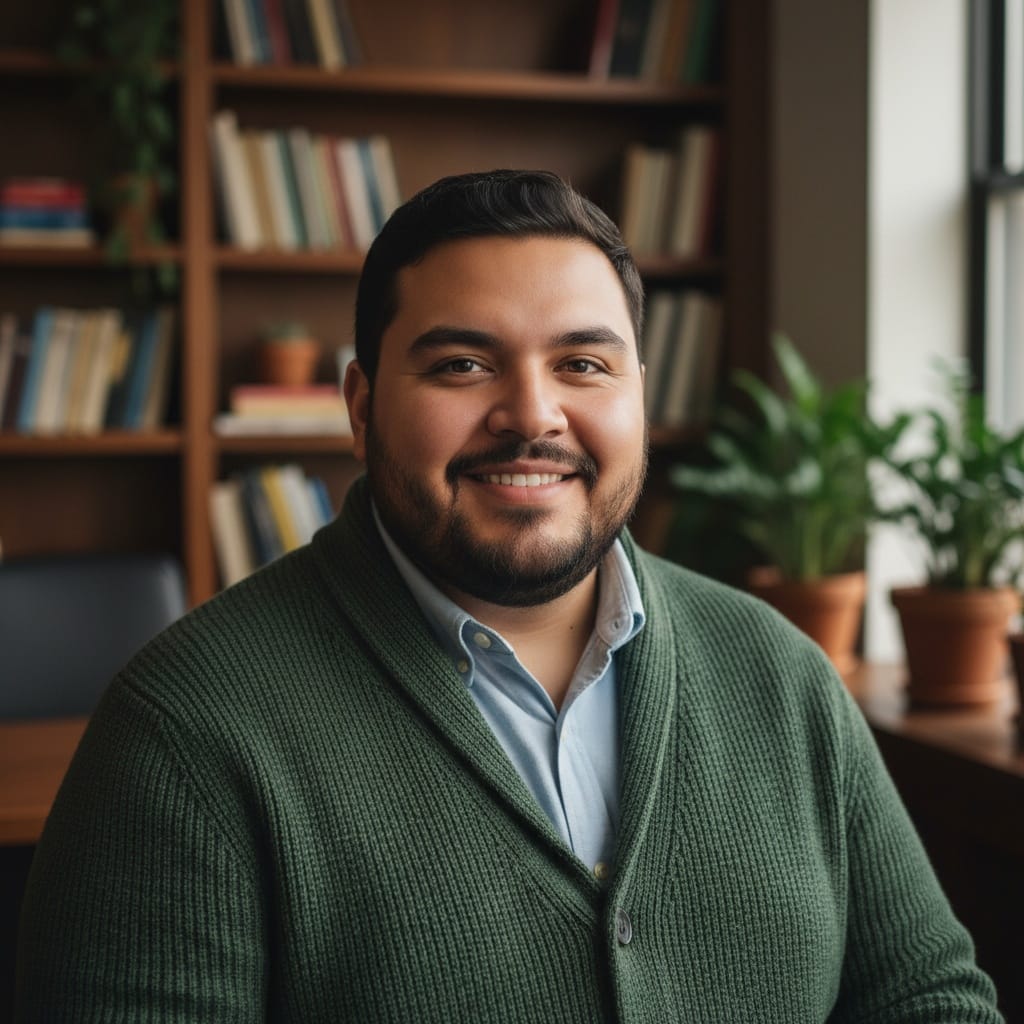 plus_size latino man warm cozy office setting 71160041