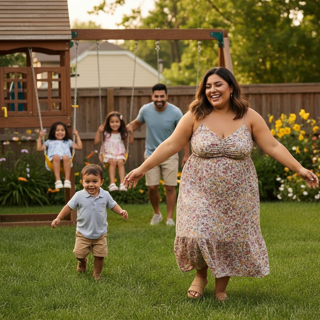 plus_size latino woman backyard play action 28224930