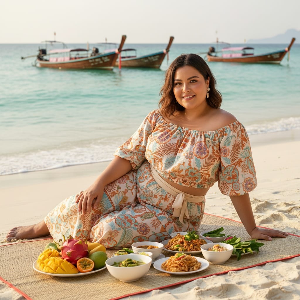 plus_size latino woman beach picnic setup 79110328