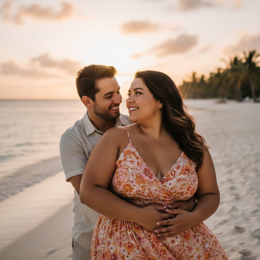 plus_size latino woman beach sunset embrace 56611888
