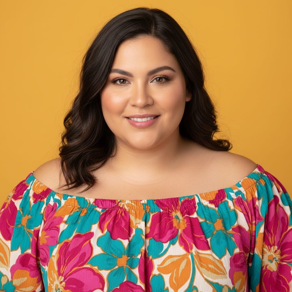 plus_size latino woman colorful backdrop close up 25674073