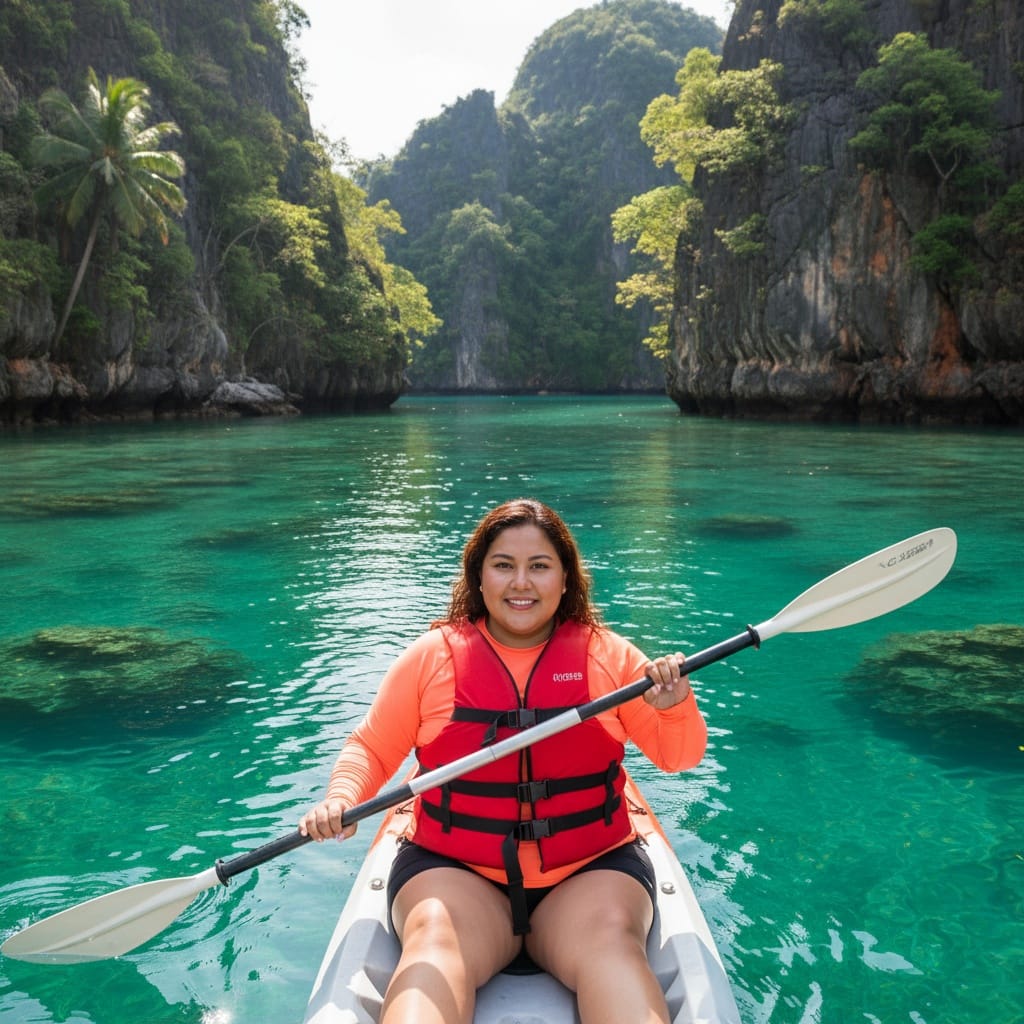 plus_size latino woman kayaking hidden bay 20609506