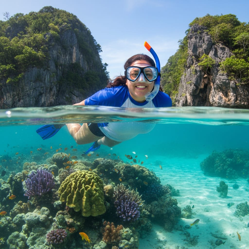 plus_size latino woman snorkeling coral reef 50398586