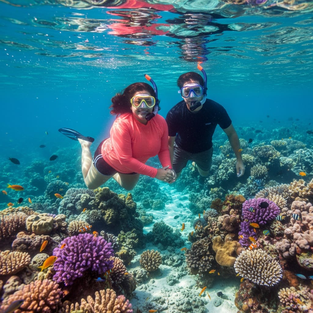 plus_size latino woman snorkeling underwater couple 83432388