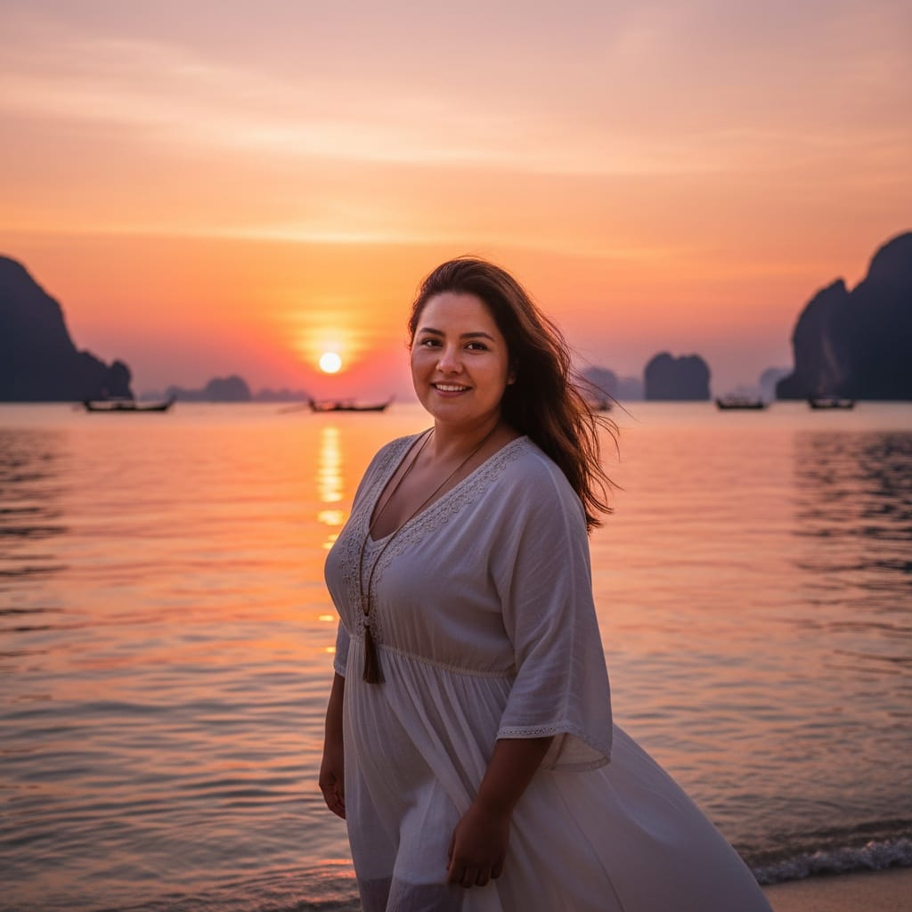 plus_size latino woman sunset silhouette coast 82791654