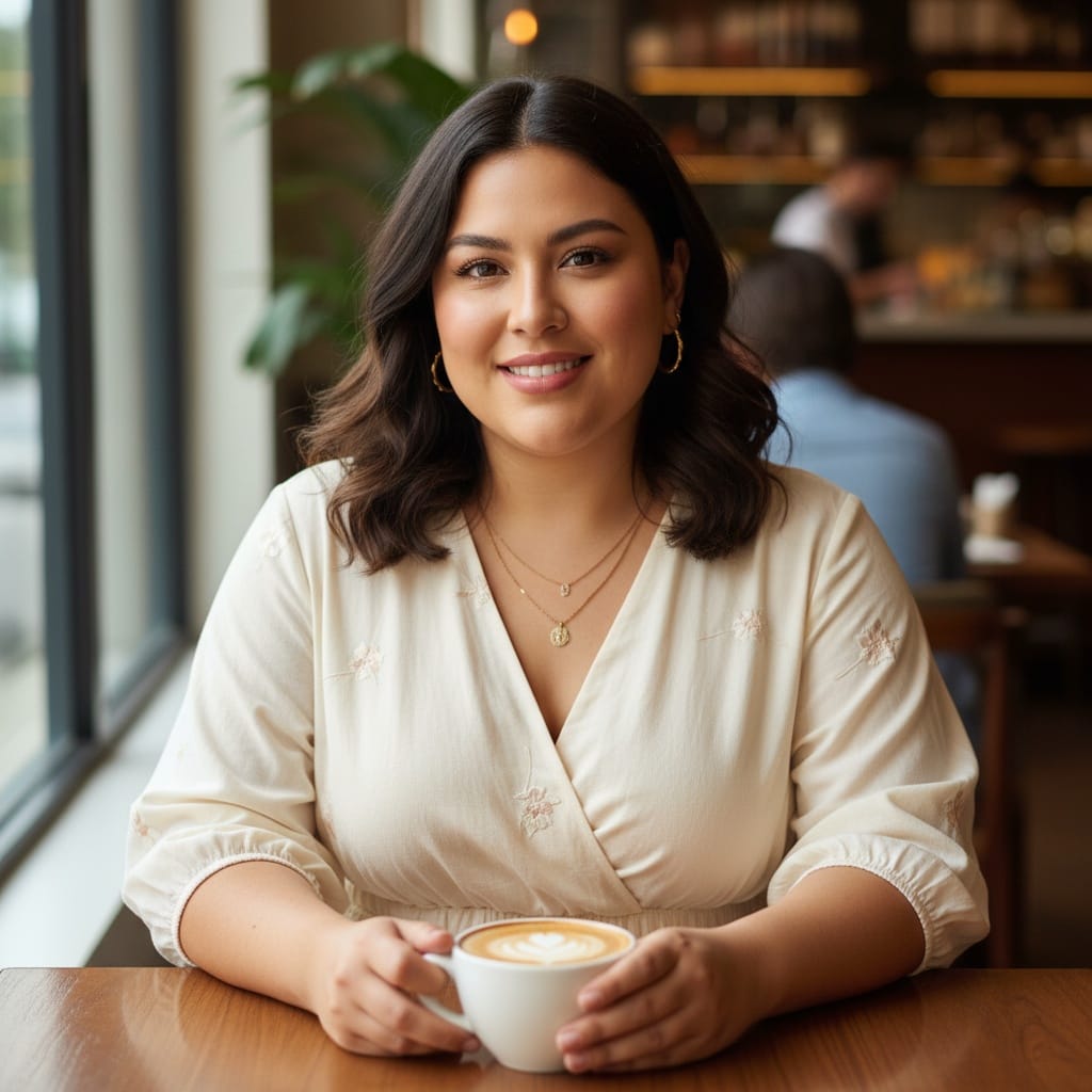 plus_size latino woman upscale cafe casual chic 73305532