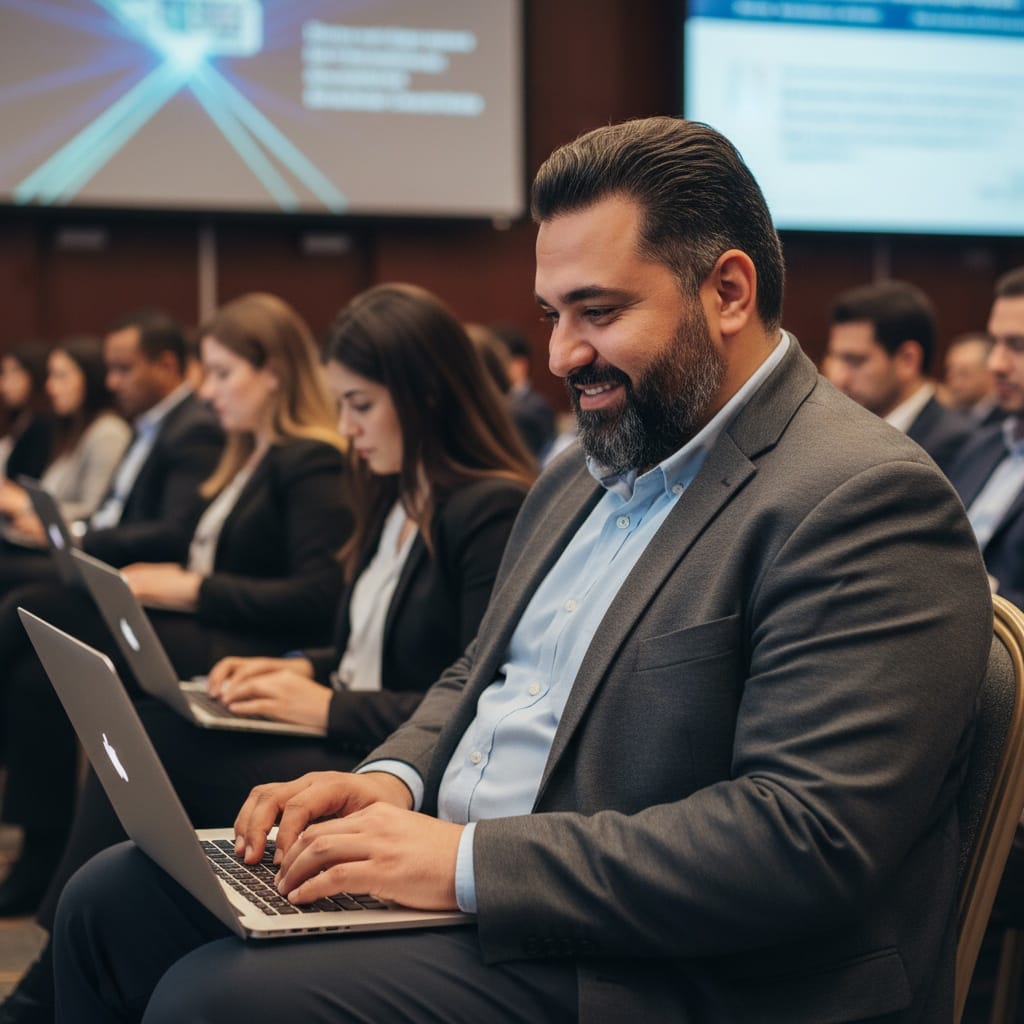 plus_size middle_eastern man audience taking notes 40489058