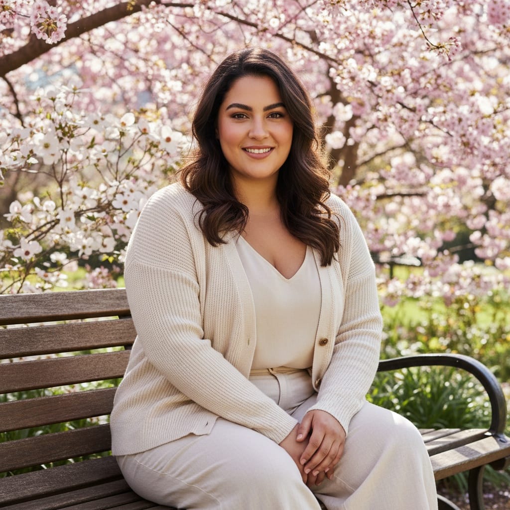 plus_size middle_eastern woman garden bench candid 13979042
