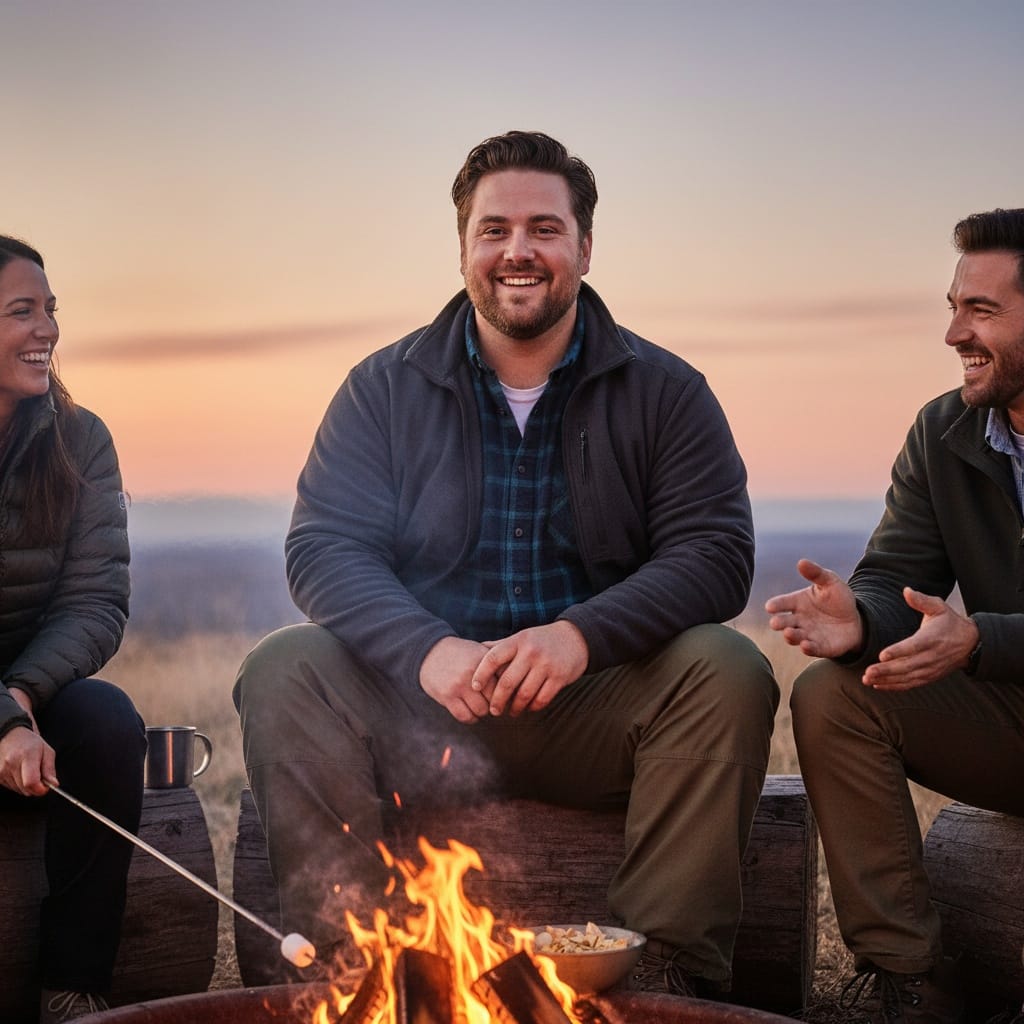 plus_size white man campfire evening gathering 52156174