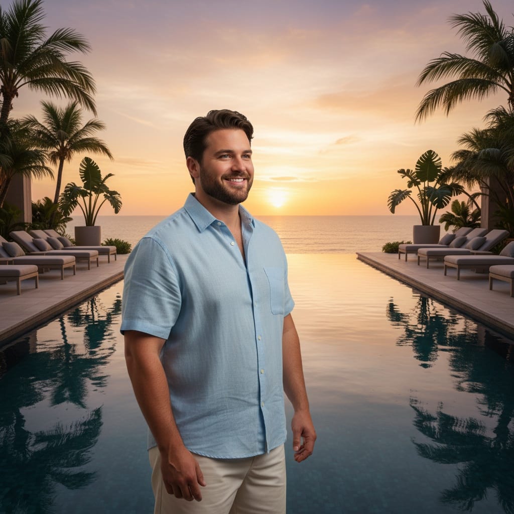 plus_size white man infinity pool ocean view 71517853
