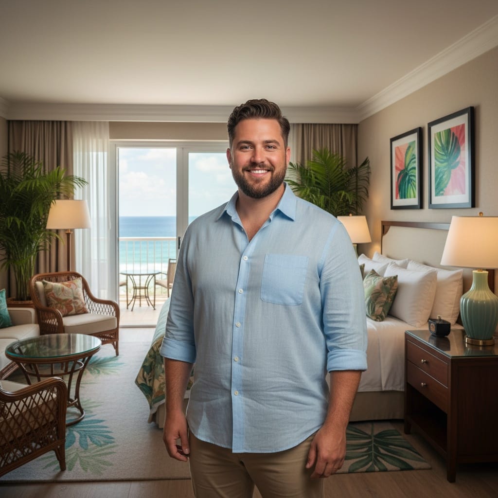 plus_size white man luxury room ocean balcony 75264508