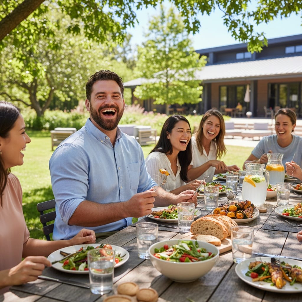 plus_size white man outdoor lunch team dining 49953495