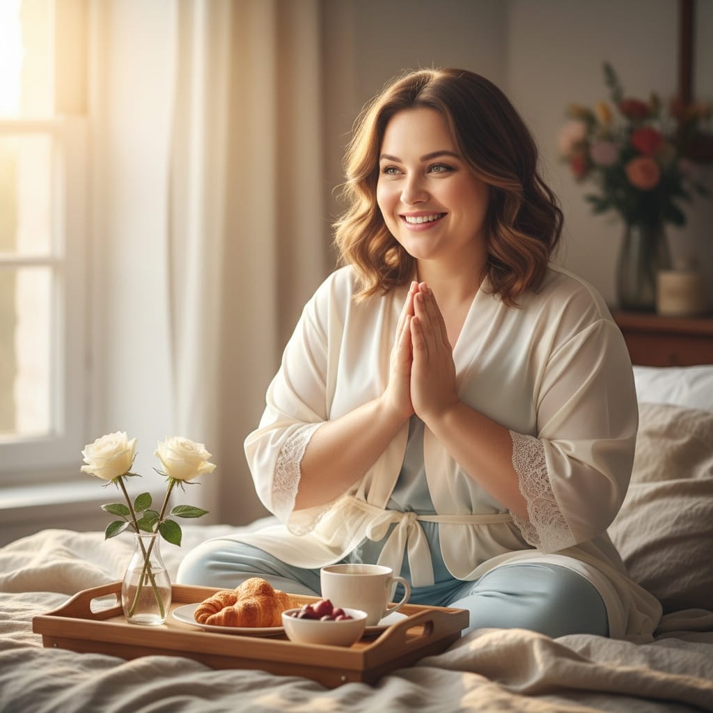 plus_size white woman mom breakfast in bed 99140090