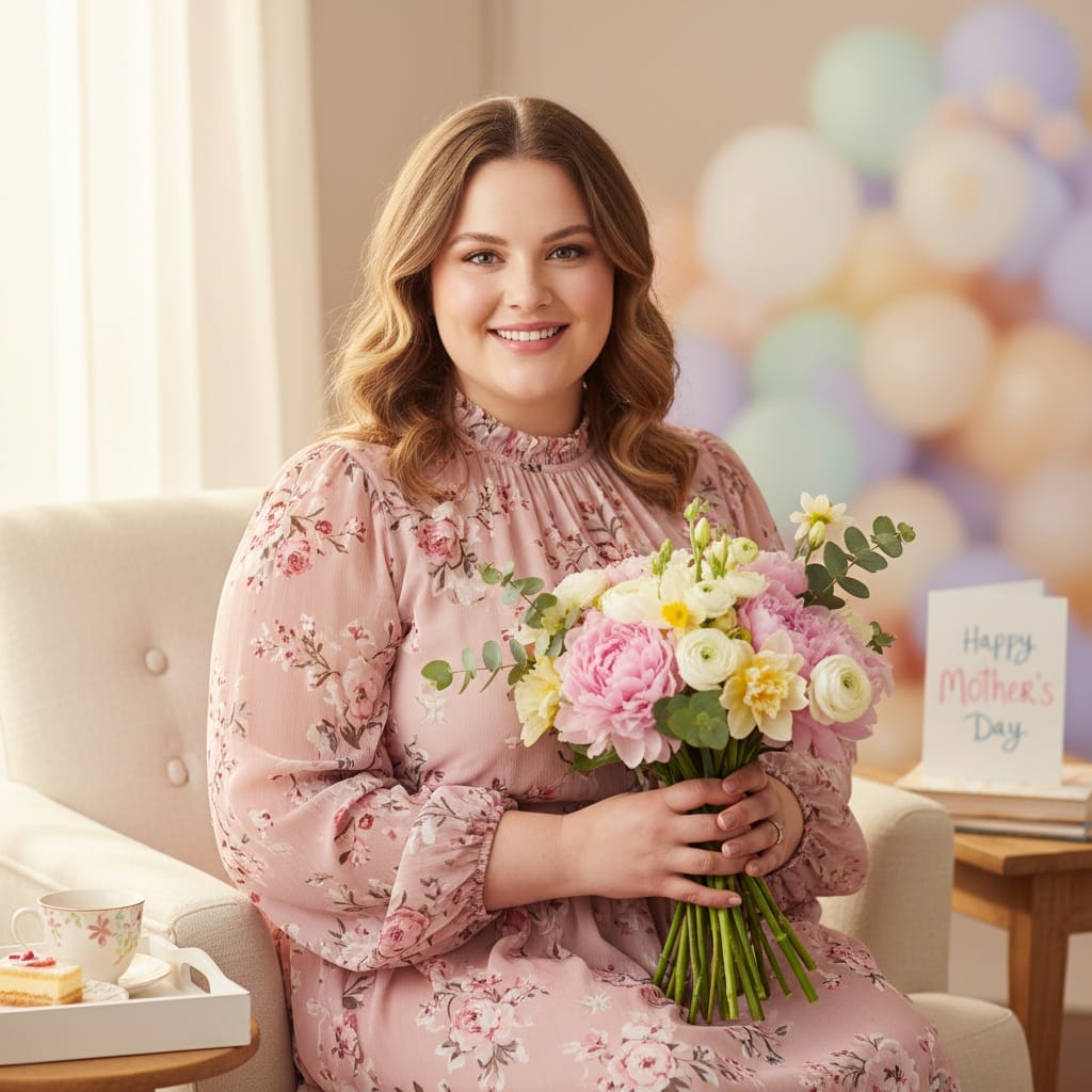 plus_size white woman mom with flower bouquet 89313465