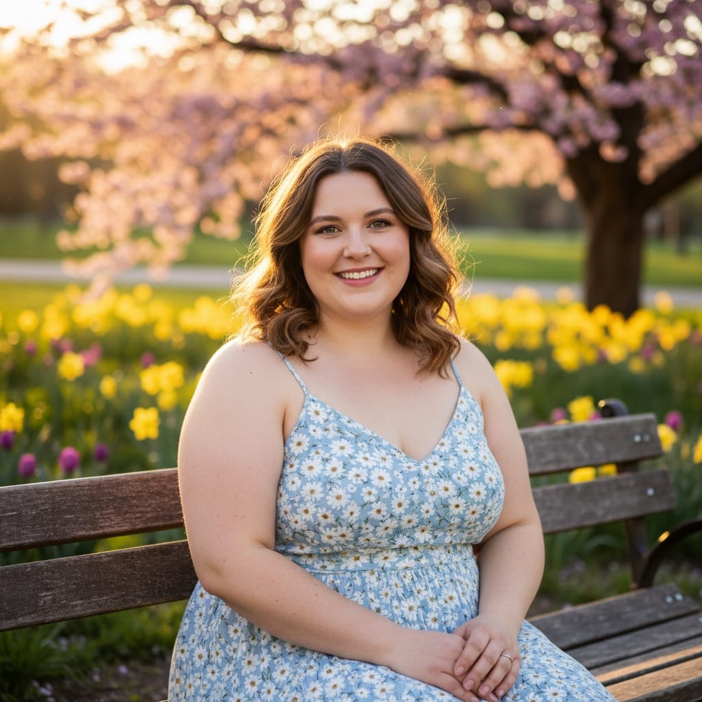 plus_size white woman outdoor park bench 84009718