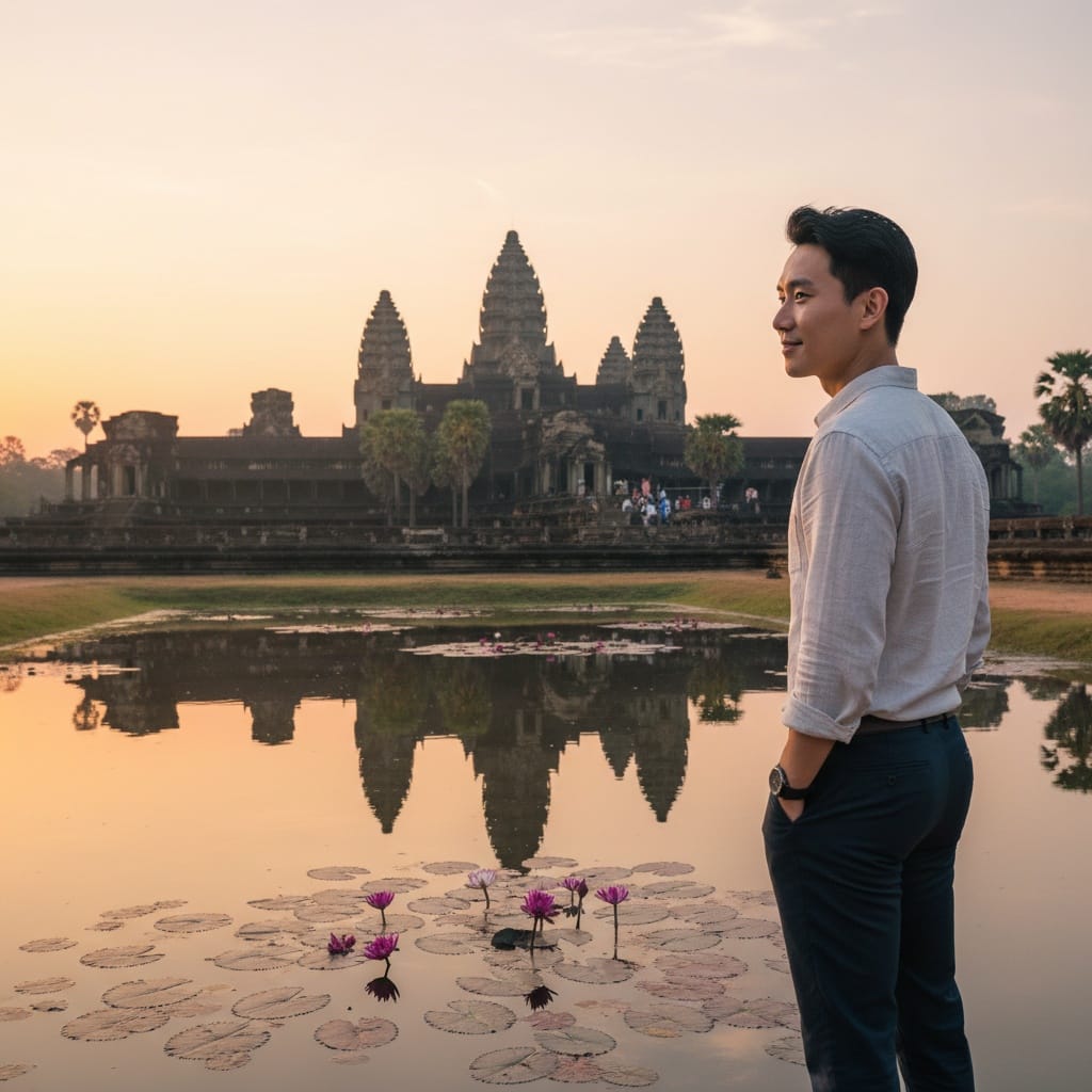 slim asian man angkor wat reflection pool 31753378