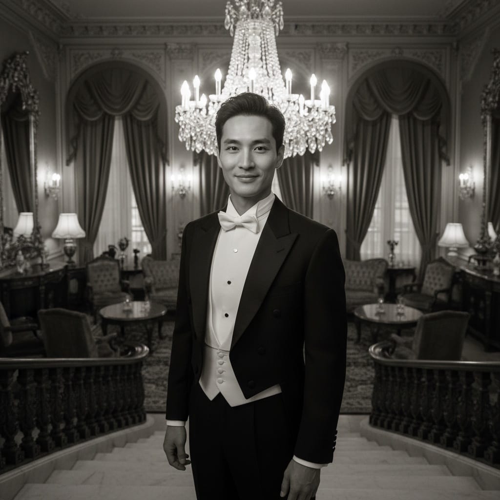 slim asian man aristocratic manor setting 56354511