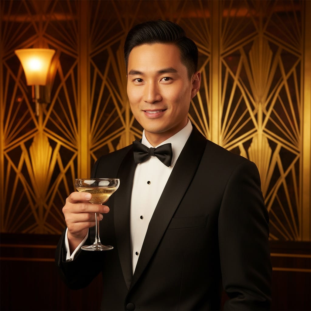slim asian man art deco nightclub portrait 90639487