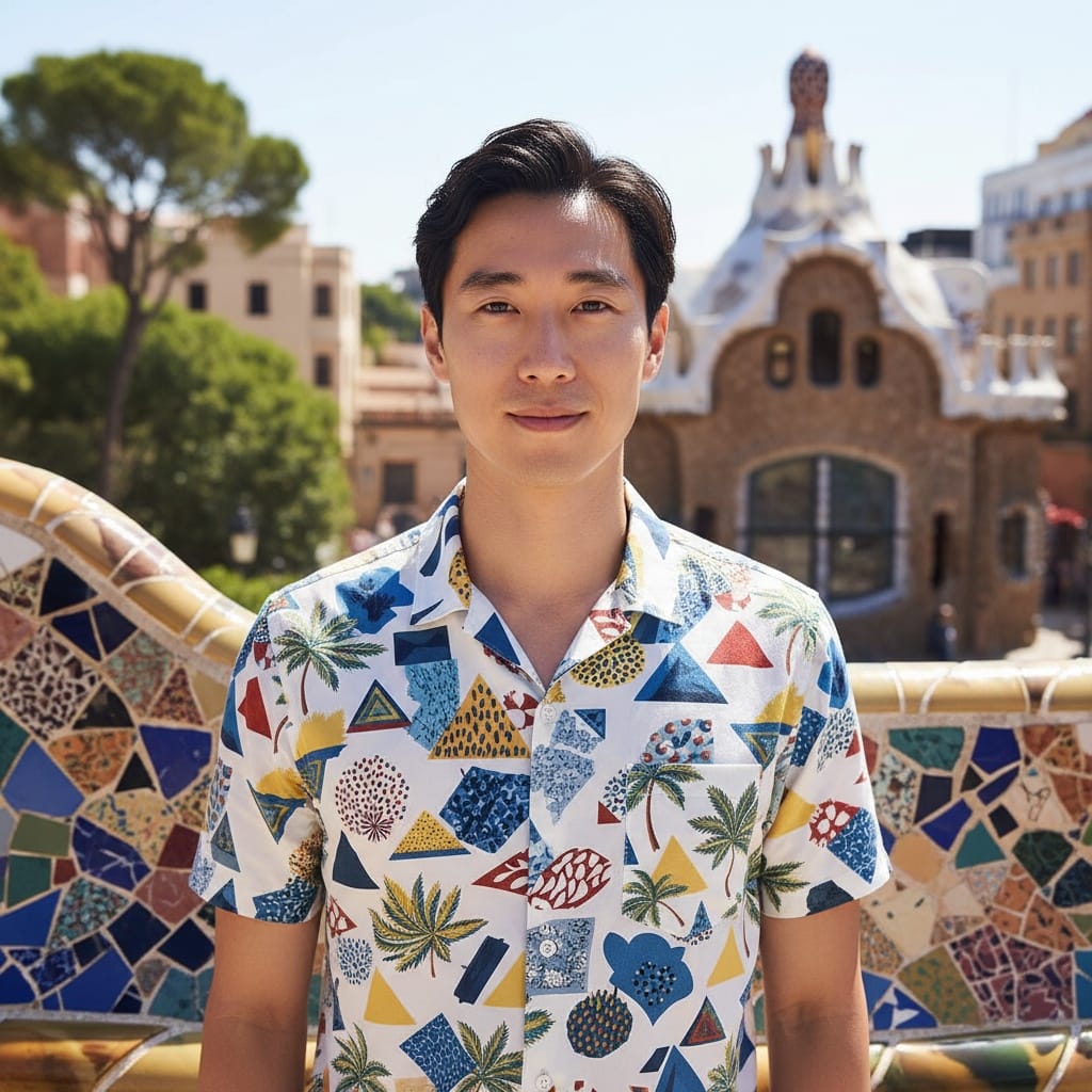 slim asian man barcelona gaudi architecture 92533028