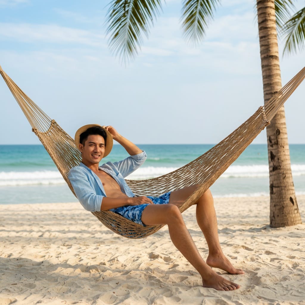 slim asian man beach hammock nha trang 56044603