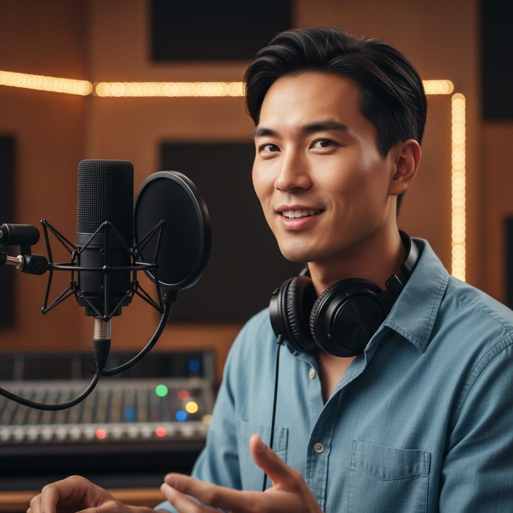 slim asian man behind microphone recording 41570996