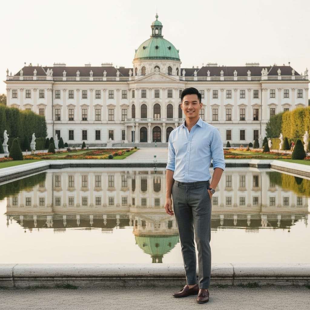 slim asian man belvedere palace reflection 32455440