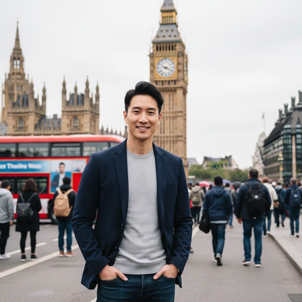 slim asian man big ben westminster portrait 83223306