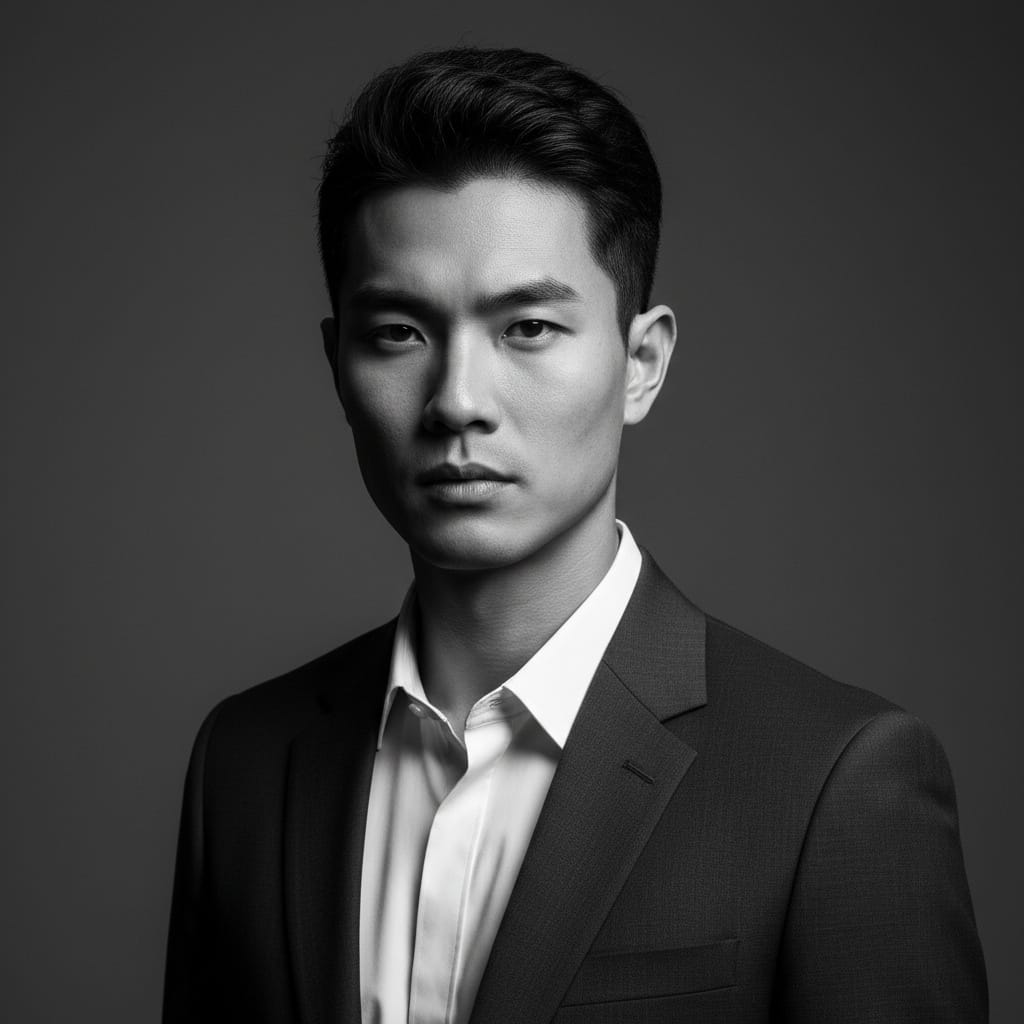 slim asian man black white dramatic portrait 60013787