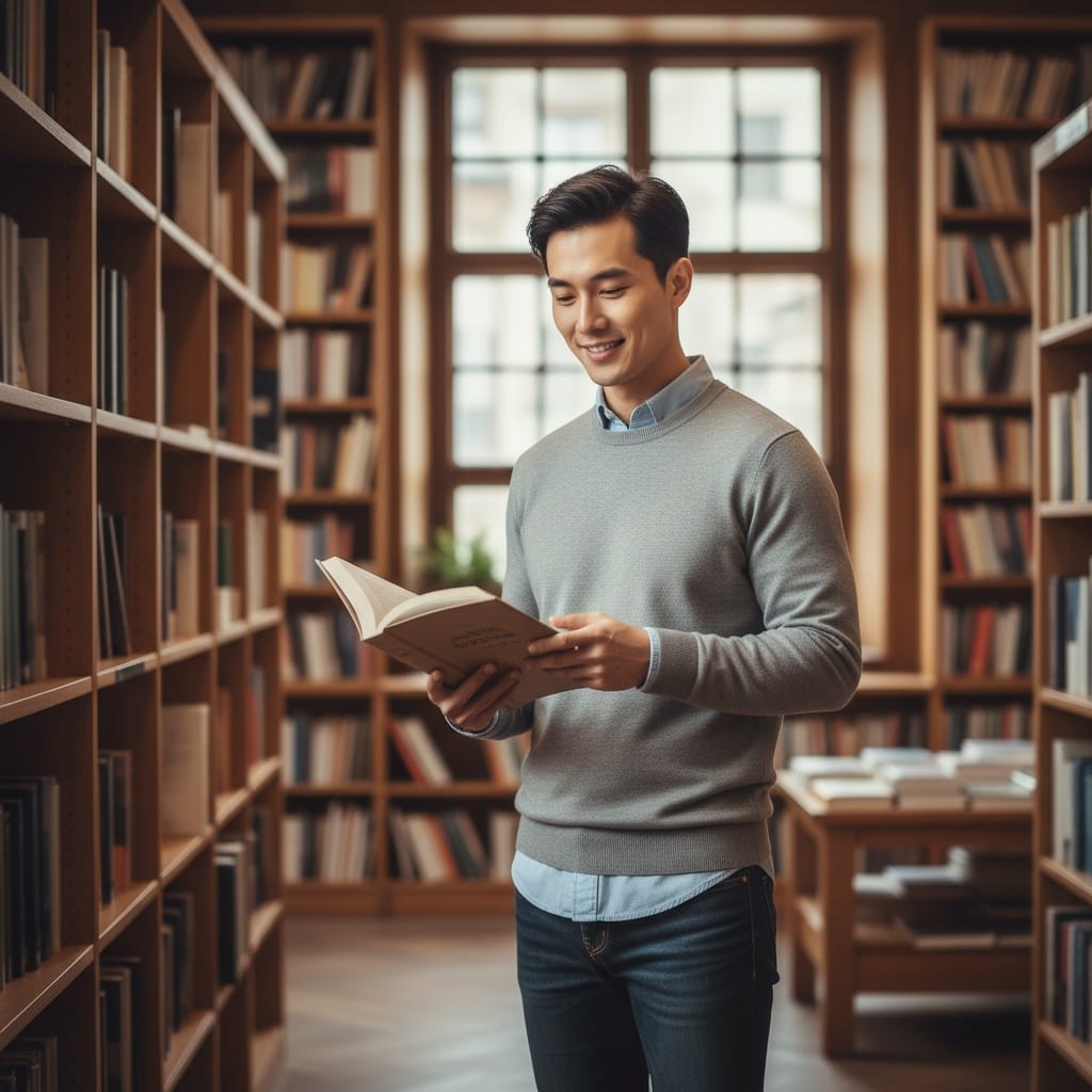 slim asian man bookstore library intellectual 92958922