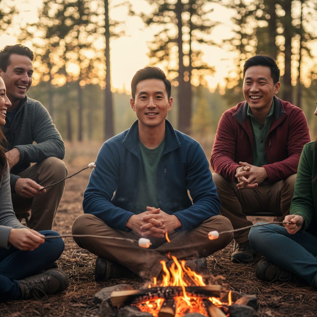 slim asian man campfire evening gathering 17005846