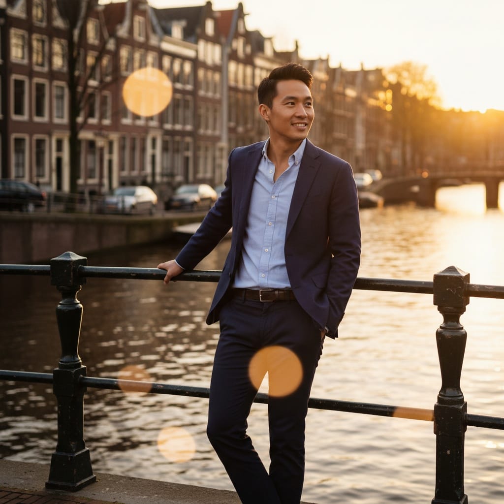 slim asian man canal sunset golden hour 74018040