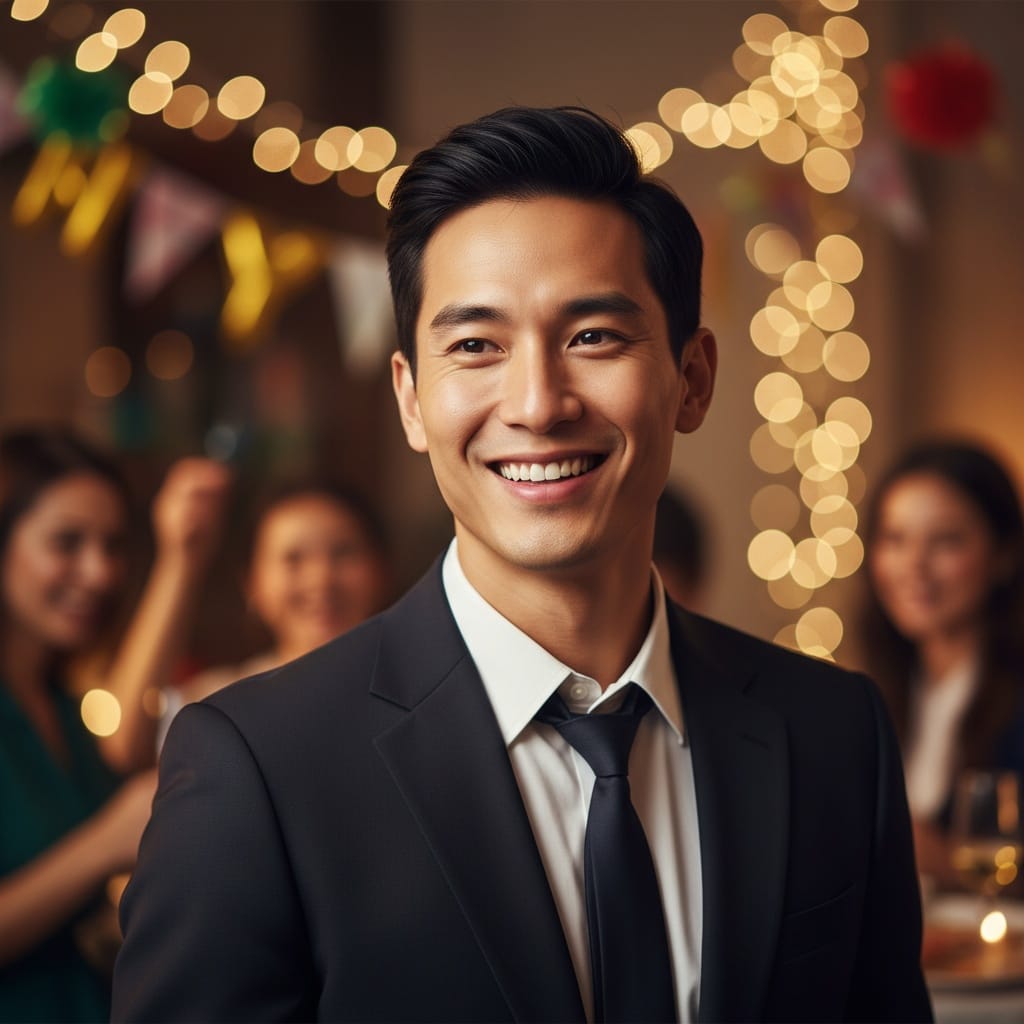 slim asian man candid celebration moment 66549955