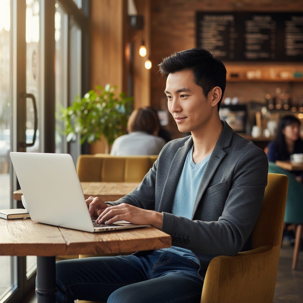 slim asian man casual laptop coffee shop 40271054