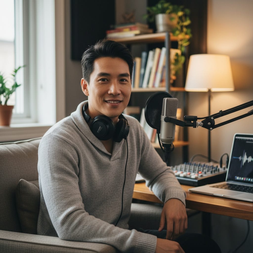 slim asian man casual podcast setup 60790747