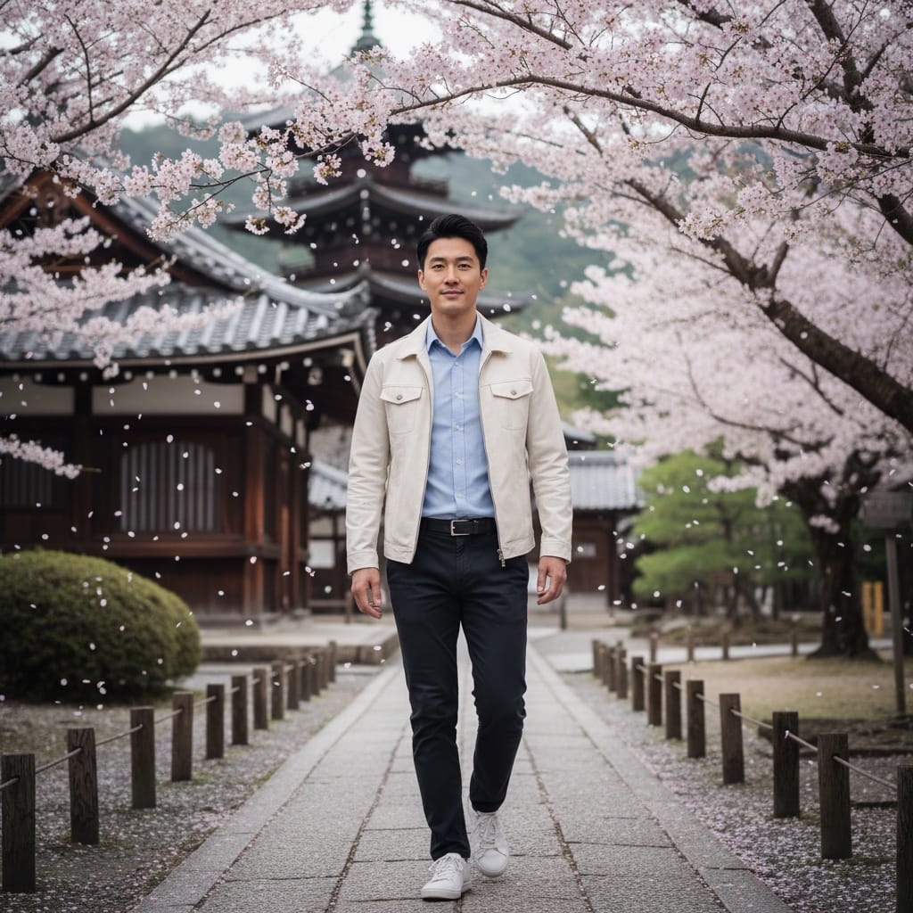 slim asian man cherry blossom temple grounds 31846840