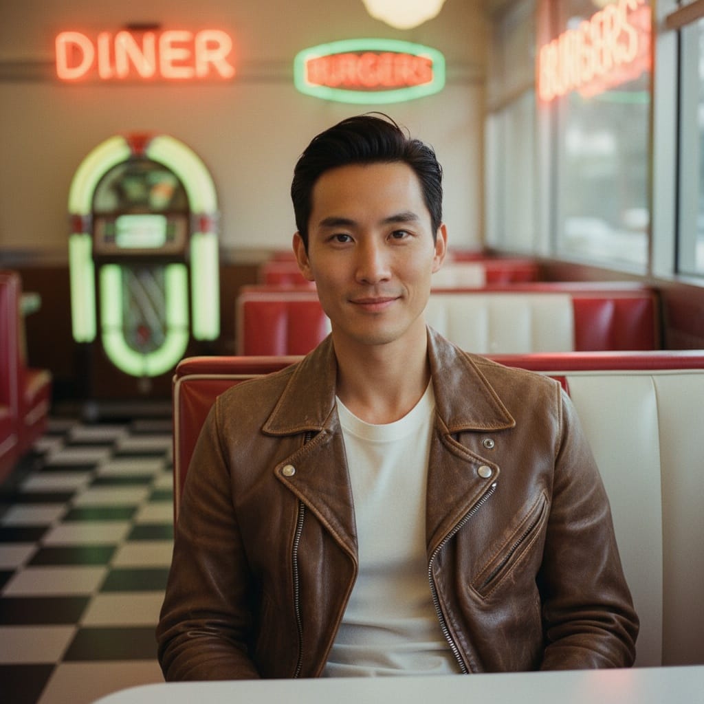 slim asian man classic diner booth 14679829