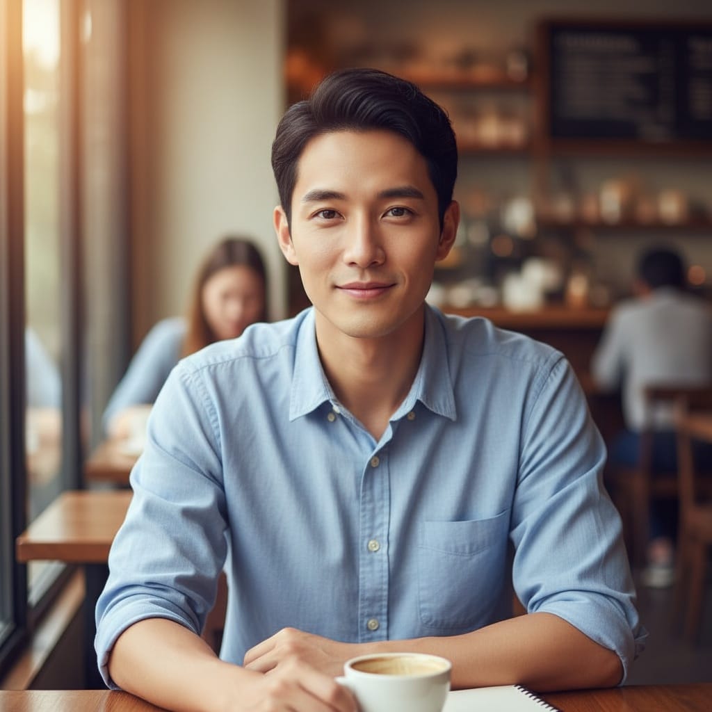 slim asian man coffee shop casual smile 30722736
