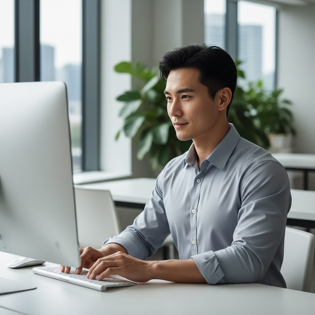 slim asian man confident office workspace 68628642