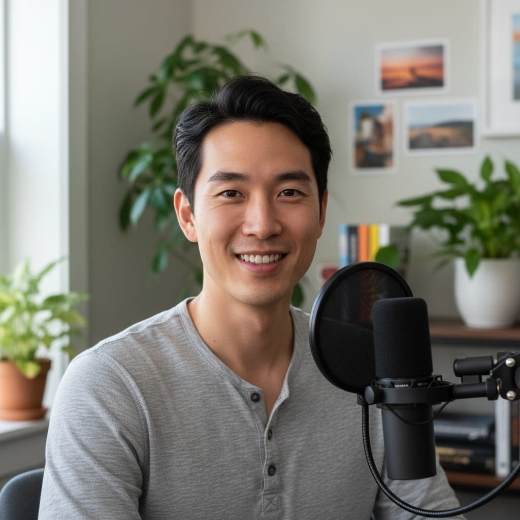 slim asian man cozy home studio 45577659