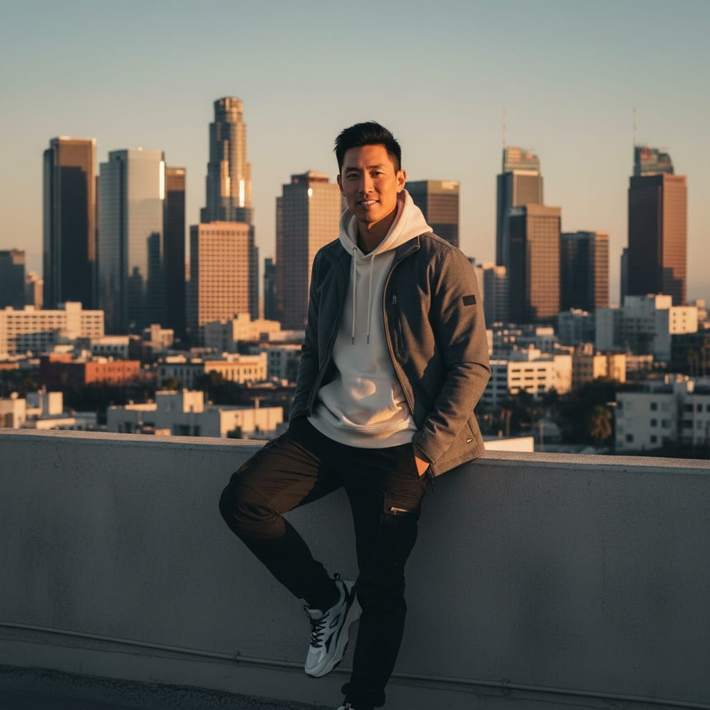 slim asian man downtown la rooftop 88381373
