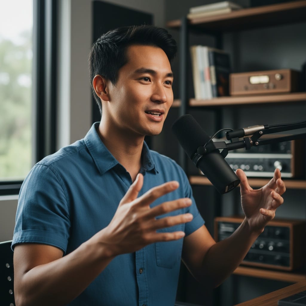 slim asian man dynamic hand gestures 11118696