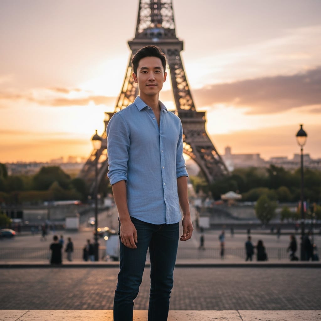 slim asian man eiffel tower sunset portrait 54098348