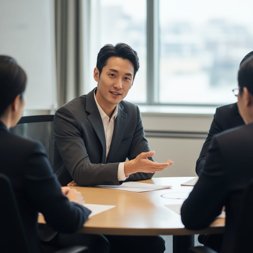 slim asian man engaged in roundtable discussion 39307812