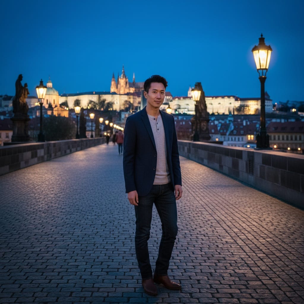 slim asian man evening illuminated bridge 64618137